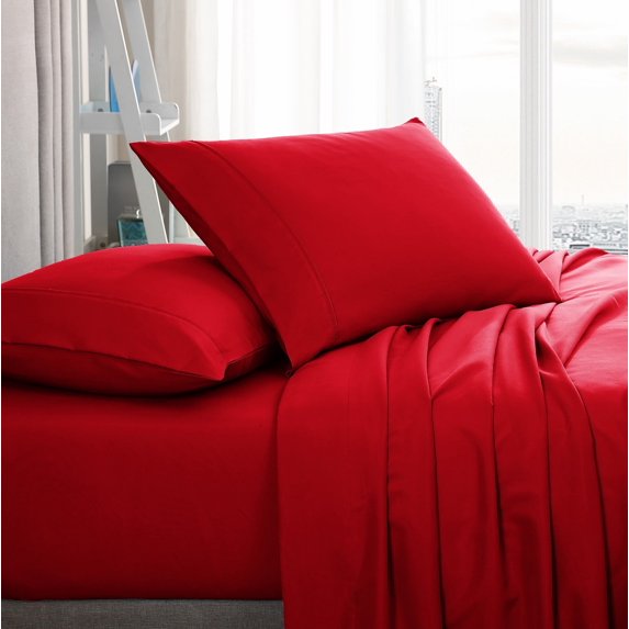 American Home Collection Brushed Microfiber Sheet Set, Deep Pocket Extra Soft Sheets & Pillowcases Set, 4 Pieces, Queen, Red