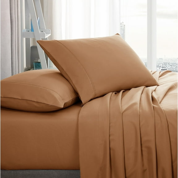 American Home Collection Brushed Microfiber Sheet Set, Deep Pocket Extra Soft Sheets & Pillowcases Set, 4 Pieces, Queen, Tan