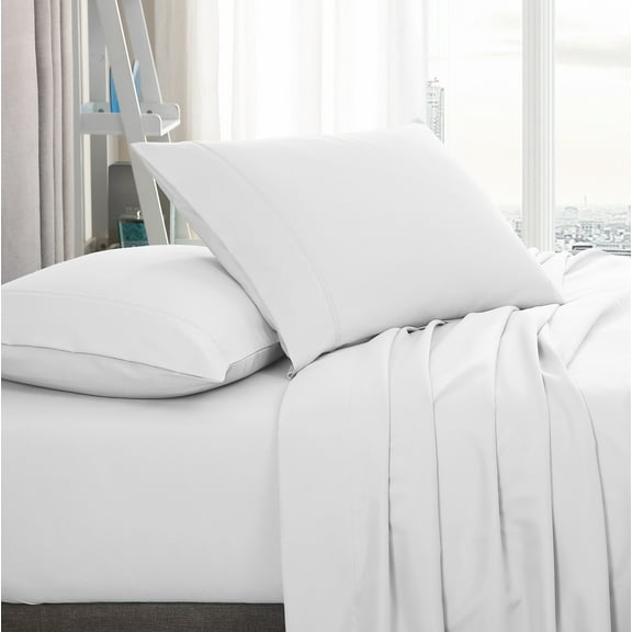 American Home Collection Brushed Microfiber Sheet Set, Deep Pocket Extra Soft Sheets & Pillowcases Set, 4 Pieces, Queen, White