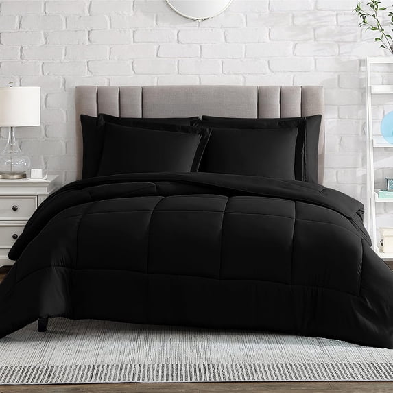 American Home Collection Comforter Set - Extra Soft Microfiber - 3 Piece Comforter and Pillow Shams Set - Full/Queen, Black