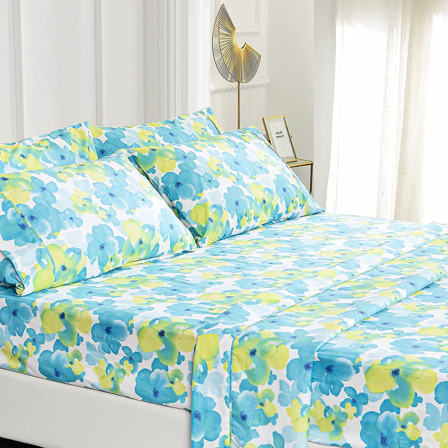 Full Blue Floral Microfiber Deep Pocket Sheet Set