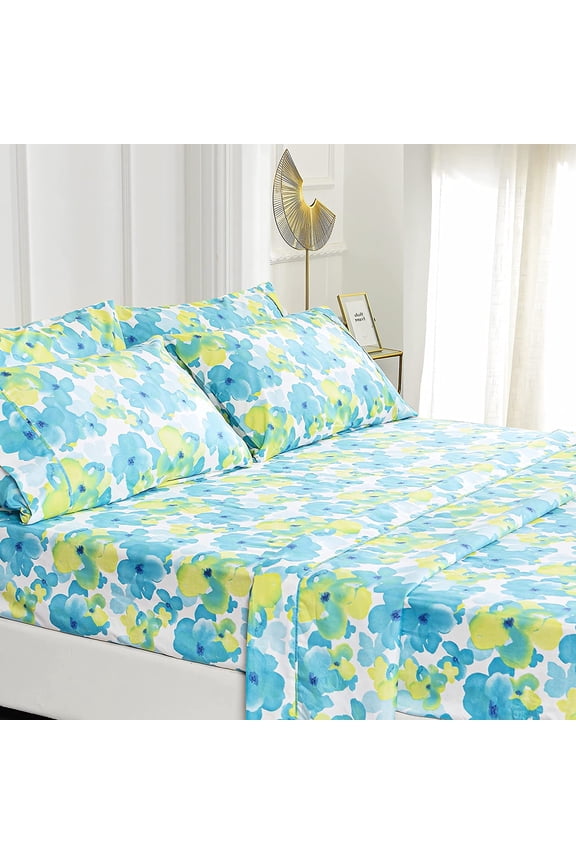 Floral Bed Sheets, Brushed Microfiber 4 Pieces Flower Patteren King Sheet Set