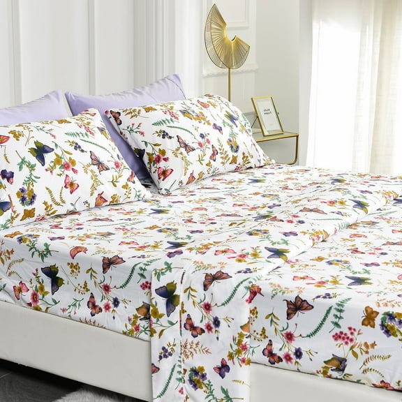 American Home Collection Floral Bed Sheets, Soft Microfiber Wrinkle Resistance Durable and Easy Care, Butterfly Pattern 6 Piece Set for Full Size Bed