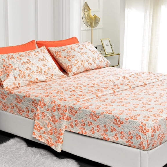 American Home Collection Floral Bed Sheets, Soft Microfiber Wrinkle Resistance Durable and Easy Care, Peach Pattern 6 Piece Set for Full Size Bed