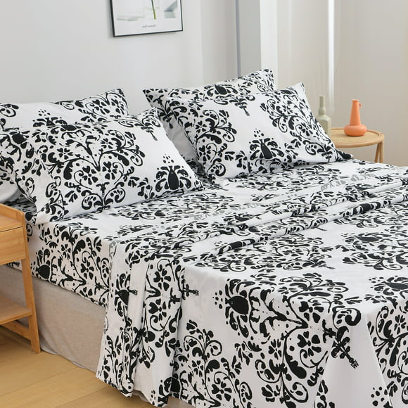 American Home Collection Ultra Soft 4-6 Piece Black and White Damask Bed Sheet Set