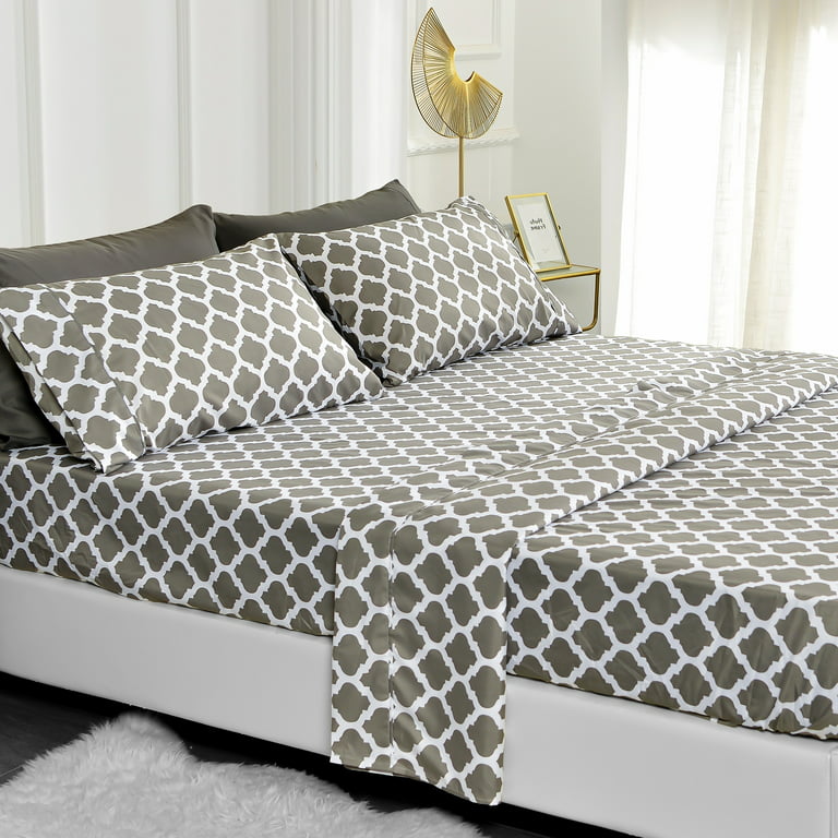 American Home Collection Ultra Soft 4-6 Piece Gray Quatrefoil Printed Bed  Sheet Set 