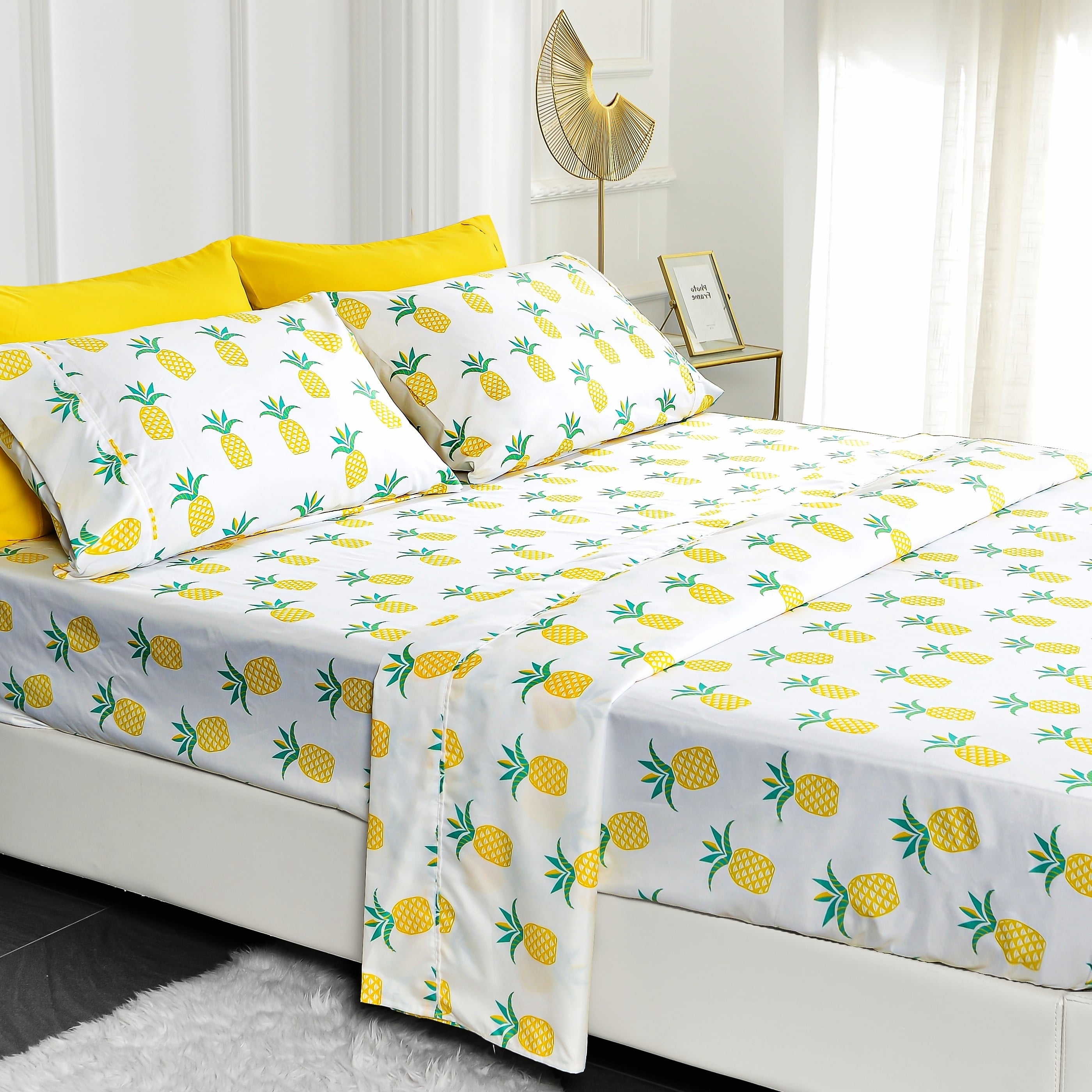 Queen Black Microfiber Deep Pocket Pineapple Print Sheet Set