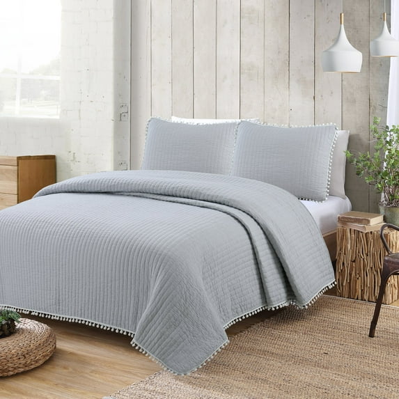 American Home Fashion Estate Collection Costa Brava Pom-pom 3-piece Quilt Set Grey King 3 Piece