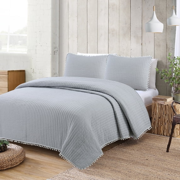American Home Fashion Estate Collection Costa Brava Pom-pom Cotton Quilt Set Grey Twin 2 Piece