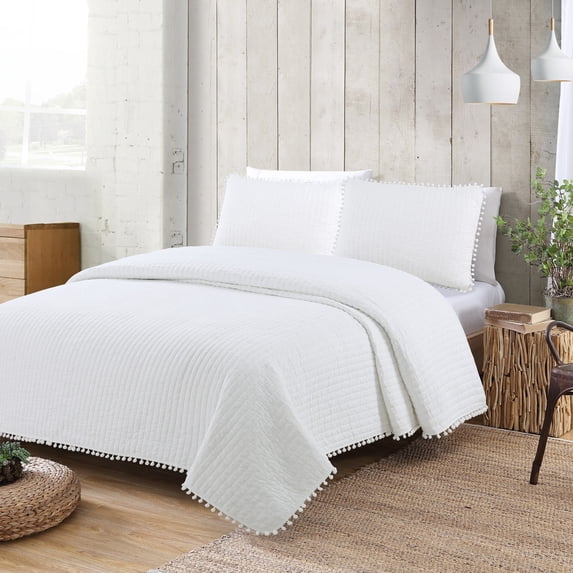 American Home Fashion Estate Collection Costa Brava Pom-pom Cotton Quilt Set White Full - Queen 3 Piece
