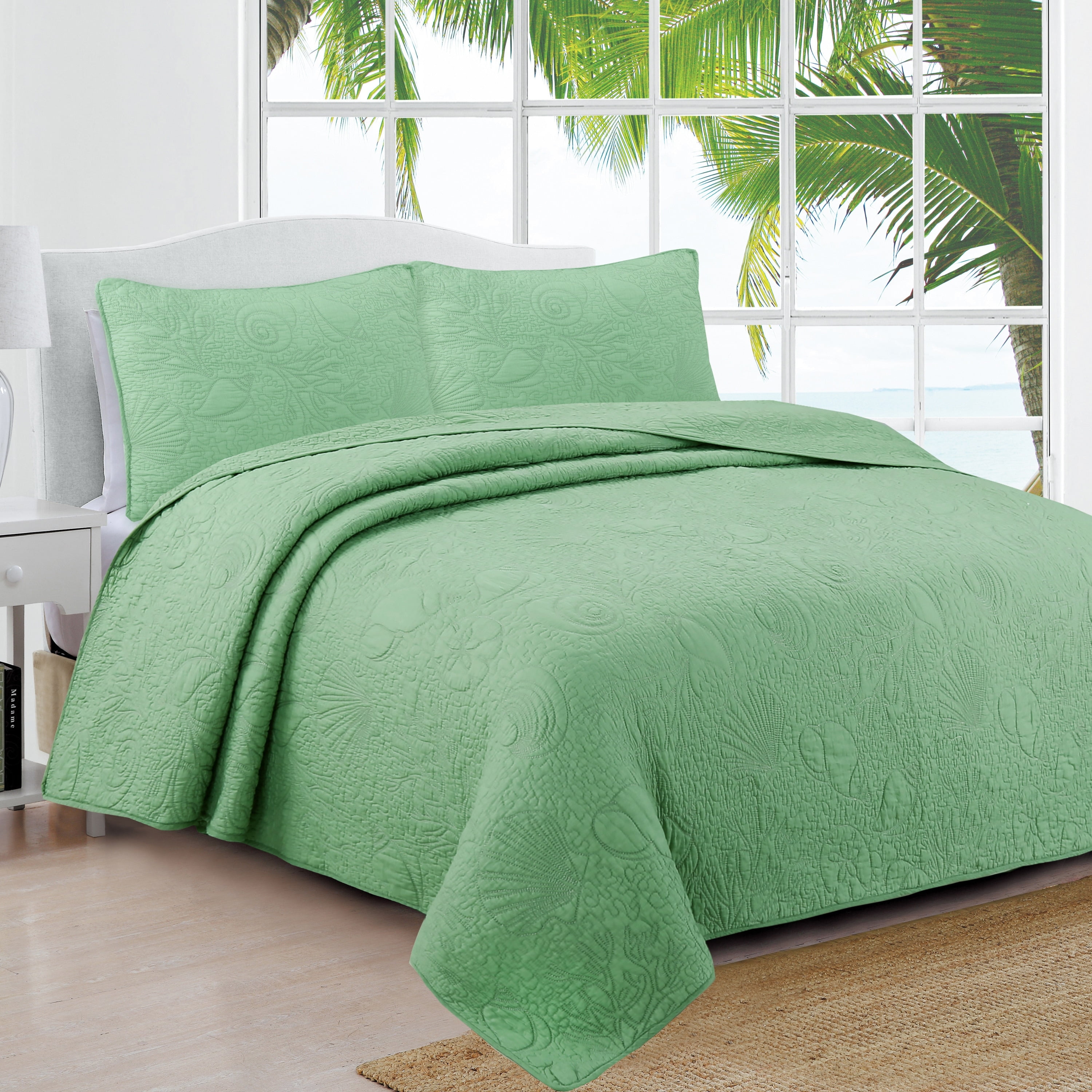 Basil Green Cotton Full Quilt Set with Seashell Pattern