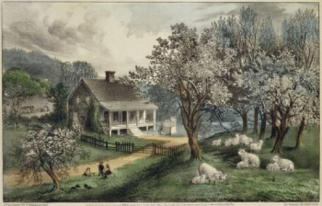 American Homestead Spring Currier & Ives (Active 1857-1907 American) Lithograph Canvas Art - Currier & Ives (18 x 24)