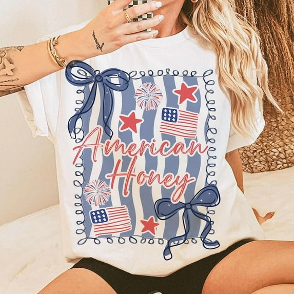 American Honey Coquette Shirt, Preppy 4Th Of July Shirt, Girly Memorial Day Shirt, Vintage Usa Shirt, Independence Day Shirt, Land Of The Free