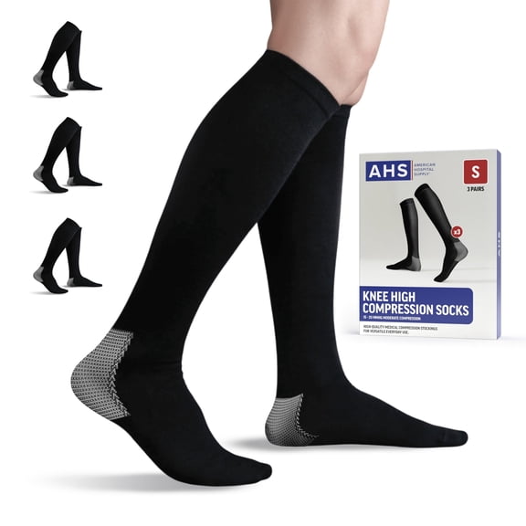American Hospital Supply – Knee High Compression Socks – 15–20 mmHg, Black, Small – Medical Stockings for Daily Wear – Case of 264 Pairs (88 Packs of 3)