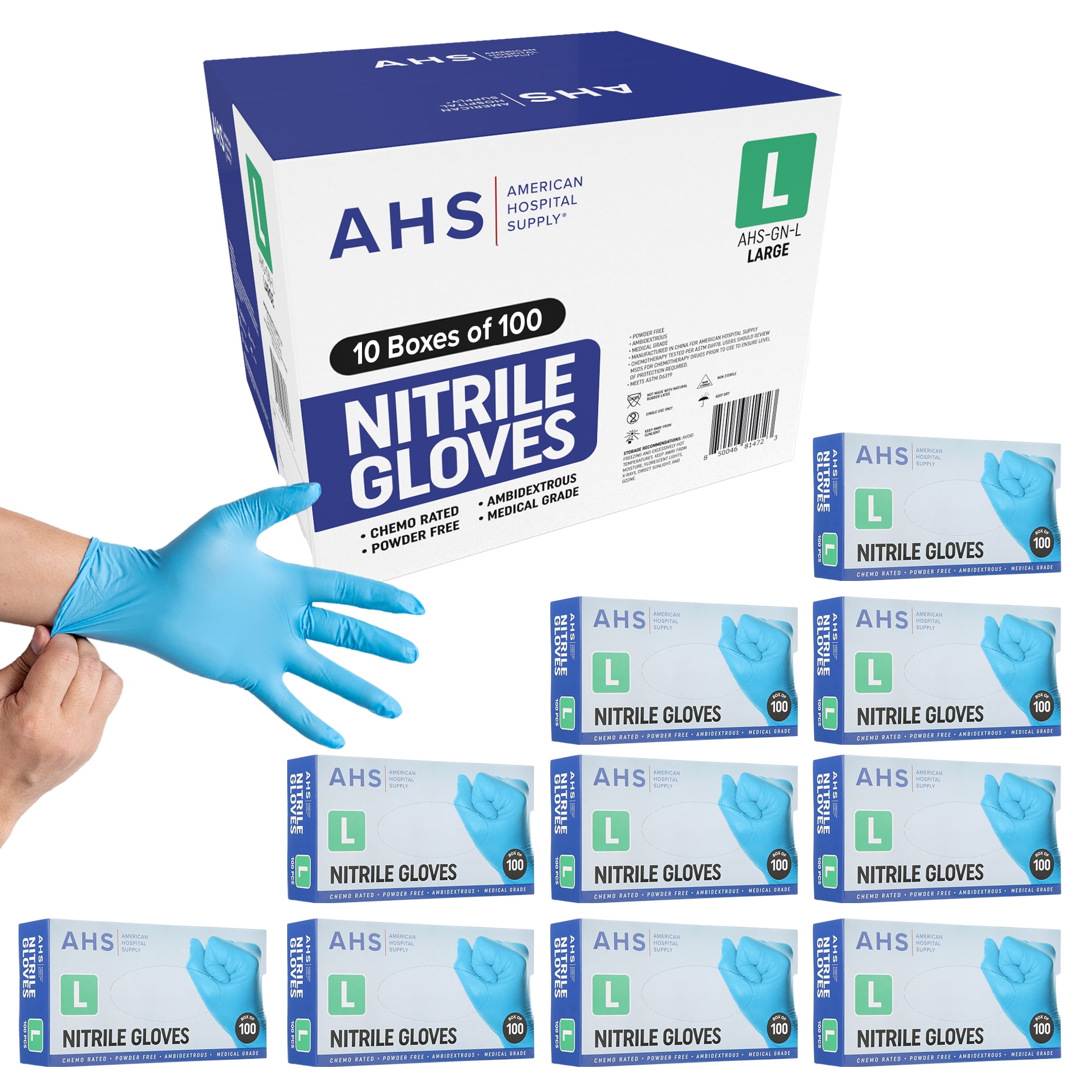 American Hospital Supply Powder-Free Nitrile Gloves Chemo-Rated Medical-Grade Disposable Healthcare Large Case of 1000