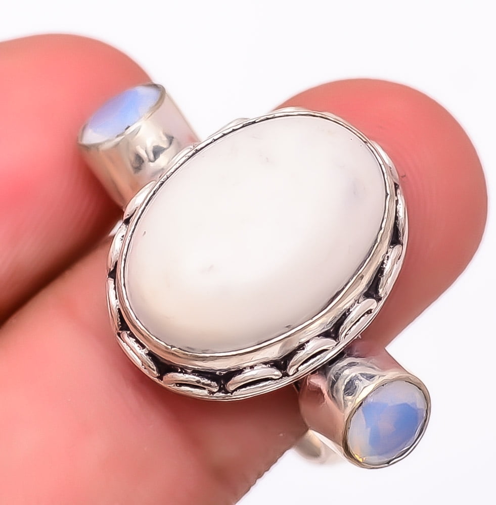ZAM GEMS American Howlite & Milky Opal 925 Sterling Silver Ring s.9 F690, Gemstone Jewelry, Birthday Gift, Christmas Gift
