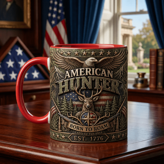 American Hunter Mug Camo Green Eagle Deer Forest Flag Gift for Hunting Fans
