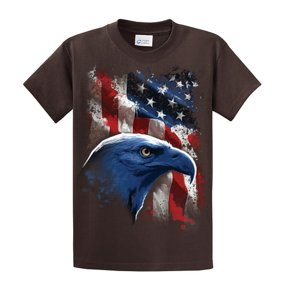 American Icon Patriotic USA Eagle in Front of American Flag T-shirt USA Red White Blue Patriot Majestic-Brown-Small