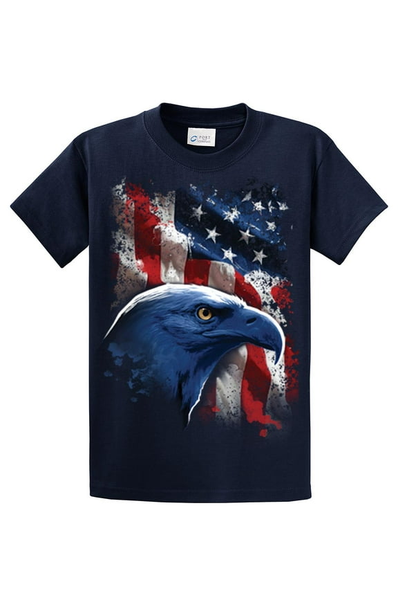 American Icon Patriotic USA Eagle in Front of American Flag T-shirt USA Red White Blue Patriot Majestic-Navy-Medium