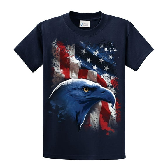 American Icon Patriotic USA Eagle in Front of American Flag T-shirt USA Red White Blue Patriot Majestic-Navy-XL