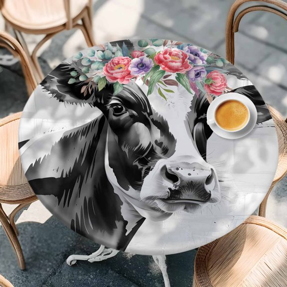 American Idyllic Wind Cow Round Fitted Tablecloth with Elastic Edge,Waterproof Table Cloth Fits Tables Up to 36"-44",Wipeable Washable Table Cover for Indoor Outdoor Dinning,Farm Wildflowers Cattle