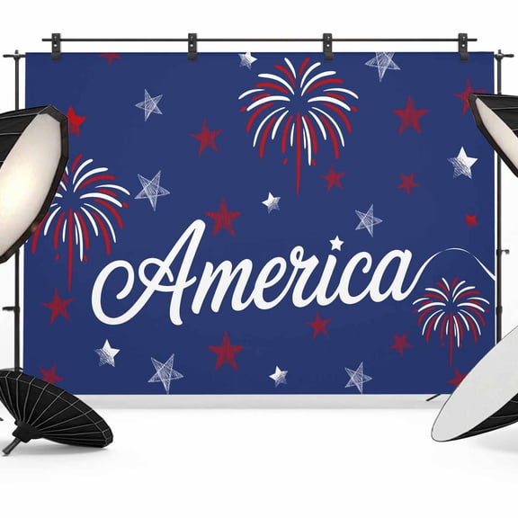 American Independence Day Backdrop for Photoshoot,Photography Photo Studio Background Wall Backdrop,Red Blue Fireworks Retro Stars Back Drop Banner Panel for Portraits Wedding Live Streaming 12x8Ft