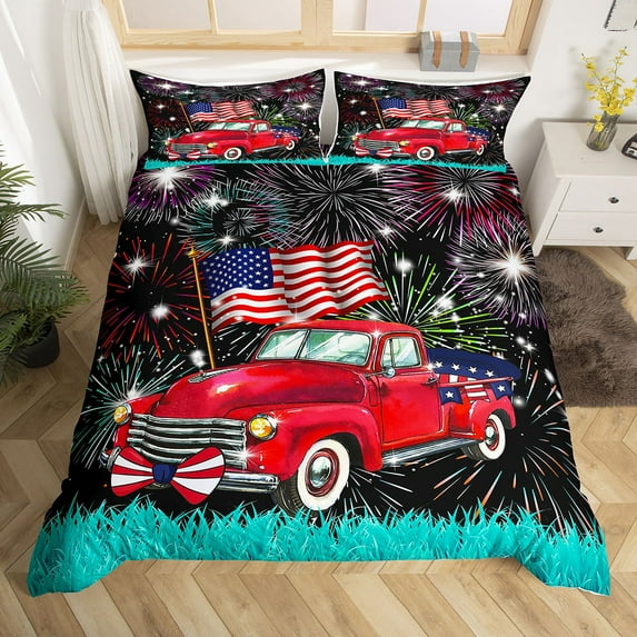 American Independence Day Comforter Cover 4th of July Bedding Set Patriotic Celebration Fireworks Duvet Cover, Traditional USA Pickup Car Design Bed Set Full - 1 Bedspread Cover 2 Pillowcases