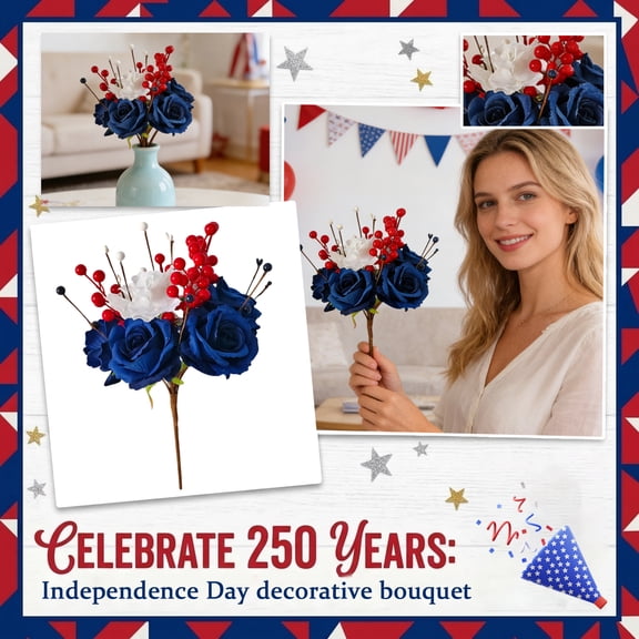 American Independence Day Cuttings, Decorative Rose And Berry Cuttings,Patriotic Independence Day Artificial Flower Branch, Red White Blue Rose Berry Stem for Holiday Arrangements, 14 Inch