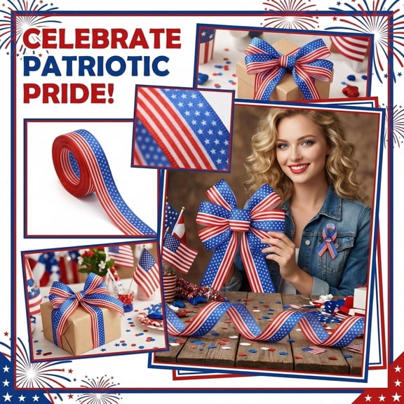 American Independence Day Decorative Ribbon, Patriotic Flag Theme Bow Ribbon for Wreaths Crafts Gift Wrapping Party Decor, Election Celebration and Fourth of July Decor, A