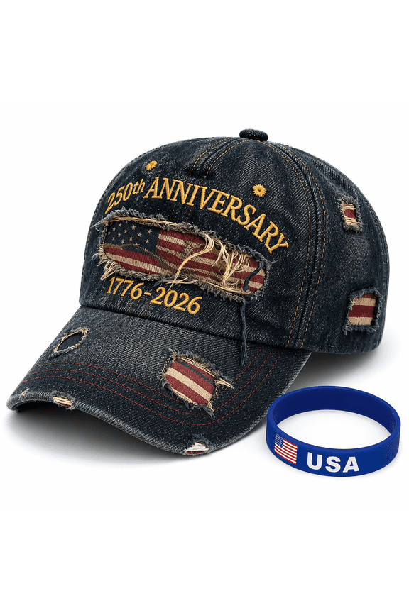 American Independence Day Distressed Denim Baseball Cap with Free USA Flag Silicone Wristband  250th Anniversary 1776-2026 Patriotic Hat for Men & Women