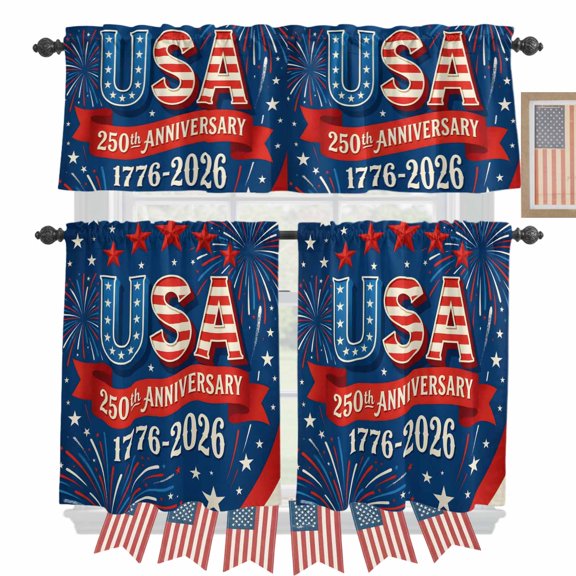 American Independence Day Kitchen Curtains Valances 3 Piece Set, USA 250th Anniversary Red Blue Firework Stars Rod Pocket Tier Curtain and Valance Drapes for Small Window 24 Inch Length for Bedroom