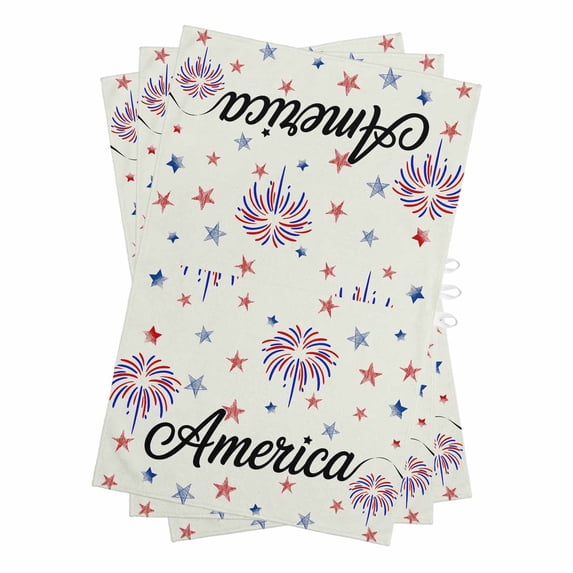 American Independence Day Kitchen Towels Set of 3, Water Absorbent Dish Towel, Retro Fireworks Stars Decorative Hand Towels - Quick Drying Cloth for Cooking Baking, 18x28 Inch