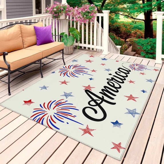American Independence Day Outdoor Rug 3x5 Ft, Non Slip Washable Area Rug, Retro Fireworks Stars Patio Rugs Carpet Runner, Large Floor Mat for Indoor/Outdoor Deck Porch Camping