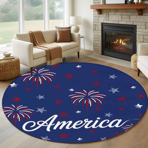 American Independence Day Round Area Rug 5 FT, Non Slip Bedroom Rugs, Red Blue Fireworks Retro Stars Washable Soft Circular Carpet Non-Shedding Floor Mat for Kitchen Dining Room Foyer Balcony Dorm
