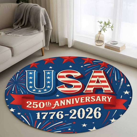 American Independence Day Round Living Room Rugs 4 ft, USA 250th Anniversary Red Blue Firework Stars Area Rug with Non-Slip Sturdy Edge Binding Round Carpet for Entryway Kitchen Bedroom Bathroom