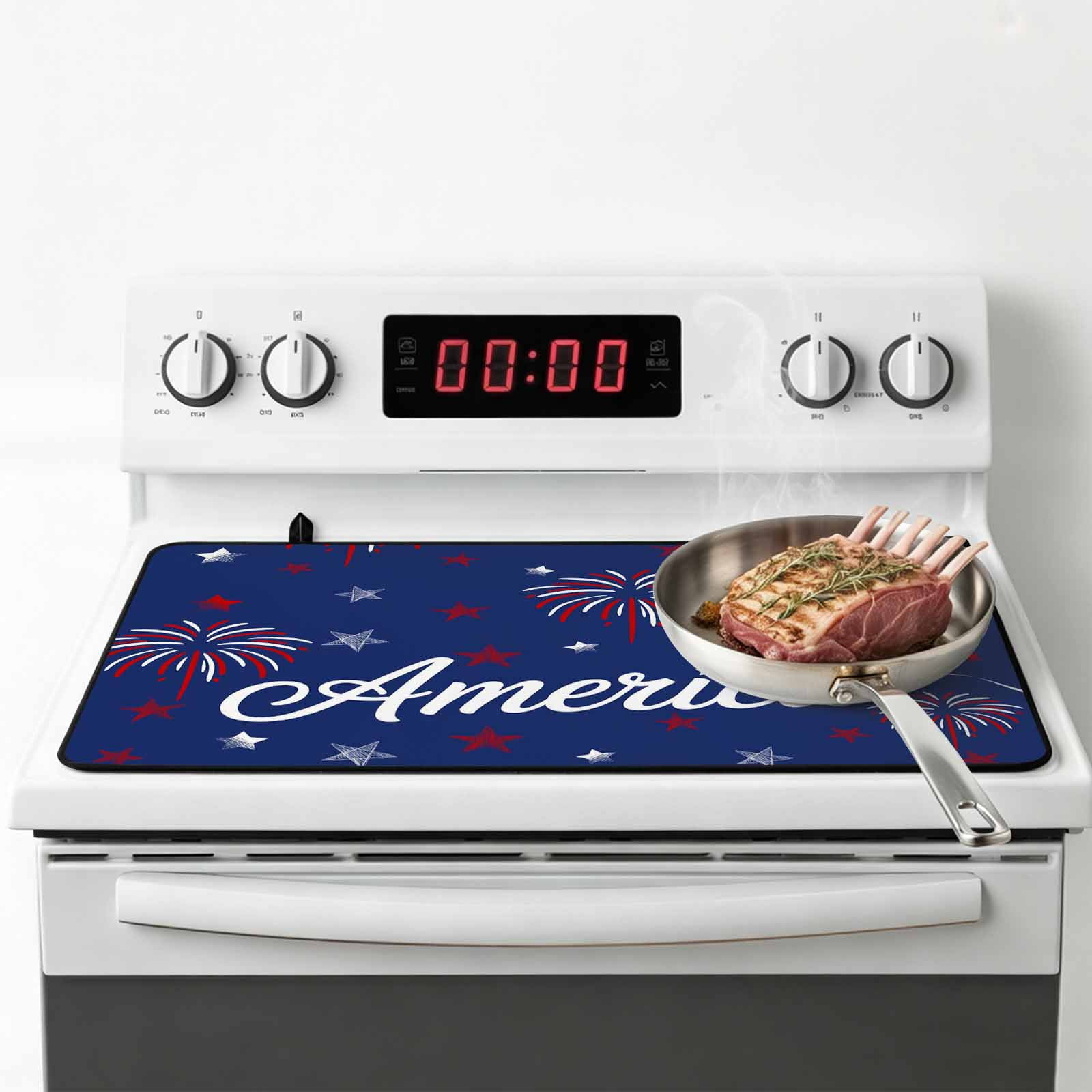 American Independence Day Stove Top Cover for Electric Stove, Heat-proof & Non Slip Glass Top Stove Cover Protector, Red Blue Fireworks Retro Stars Kitchen Flat Cooktop Rubber Mat 24x21 Inches