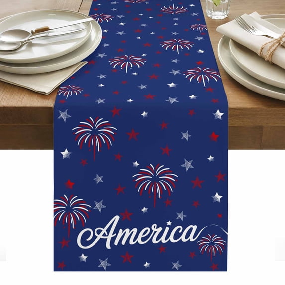American Independence Day Table Runner - 70 Inch Long, Kitchen Dining Table Runner Dresser Scarves, Red Blue Fireworks Retro Stars Farmhouse Decor for Coffee Tables Wedding Party Banquet