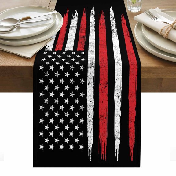 American Independence Day Table Runner USA Star Stripes Flag Black Red Tablerunners 13 x 48 Inch, Table Decorations Tabletop Scarf for Summer Gathering Holiday Farmhouse Kitchen Dining Decor