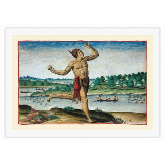 American Indian Conjuror - Shaman - Vintage Magic Poster by John White c.1588 - Fine Art Rolled Canvas Print 27in x 40in