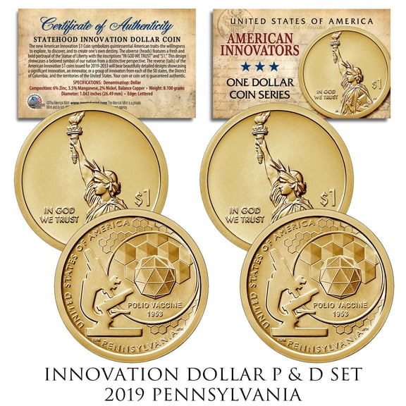American Innovation PENNSYLVANIA 2019 One-Dollar 2-Coin P & D Set w/CAPSULES COA