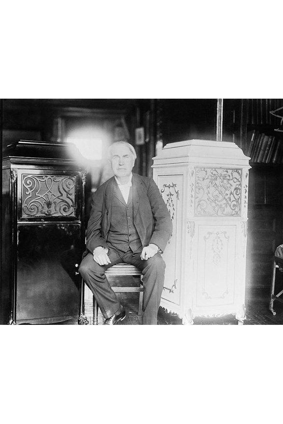 American Inventor Thomas Edison With Phonograph - 20x30 Inch Glossy Laminated Aviation Poster - Stunning Detail and Bold Colors