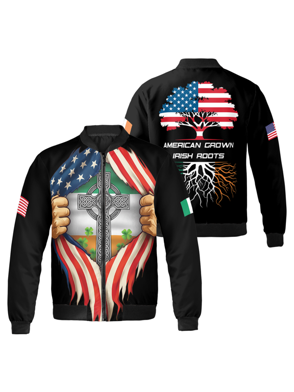 American Irish Bomber Jacket, Celtic Cross Shamrock Design, Irish Heritage Gift for St. Patrick’s Day