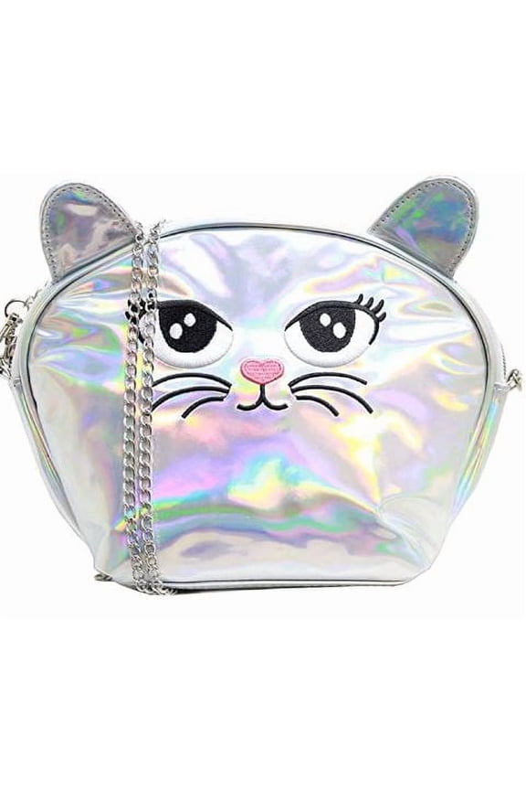 Large Kitty Purse - Cat Face Shoulder Bag with Removable Chain Strap - Silver Iridescent