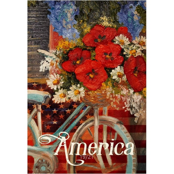 American July 4th Patriotic Bicycle House Flag Decorative Summer Glory Flowers Farmhouse Rustic Yard Outdoor Decor 28x40 Inch