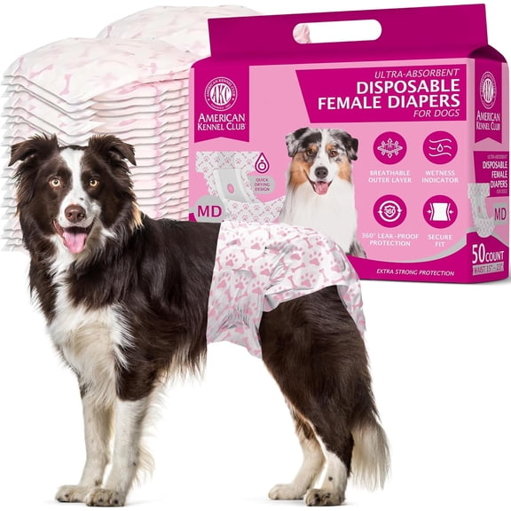 American Kennel Club Female Dog Wrap, Disposable Diapers with Wetness Indicator, Medium, 50 Count