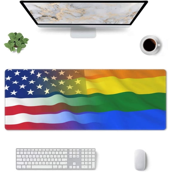 American LGBT Rainbow Flag Gaming Mouse Pad Pride Large Mouse Pad (31.5x11.8 Inch) Non-Slip Rubber Base Large Desk Mat Desk Protector for Home Office Gaming Work