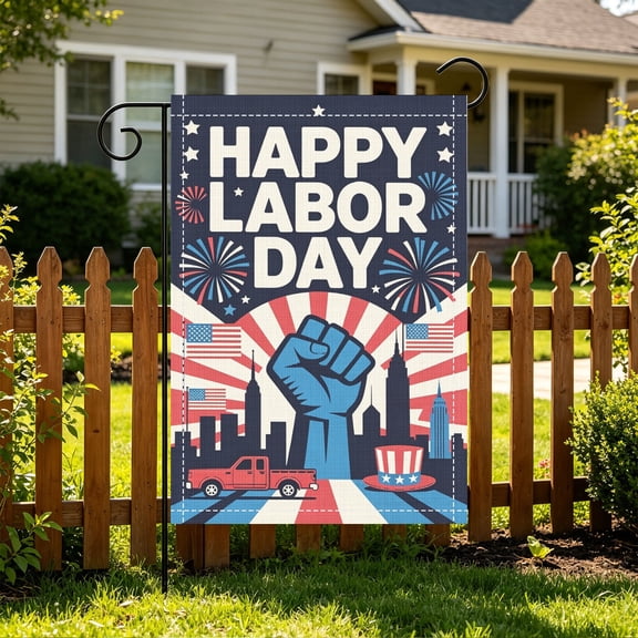 American Labor Day Red Pickup Truck US Flag City Skyline Double Sided 2D Printed Garden Flag, 12 x 18 Inch No Pole Included, Holiday Patio Garden Decor Gift Thanksgiving Christmas