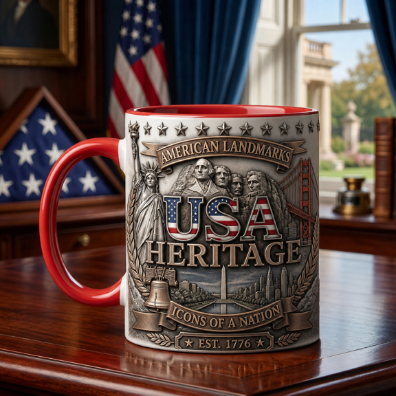 American Landmark Mug 2D Printed 3D Effect, USA Heritage Coffee Cup Gift
