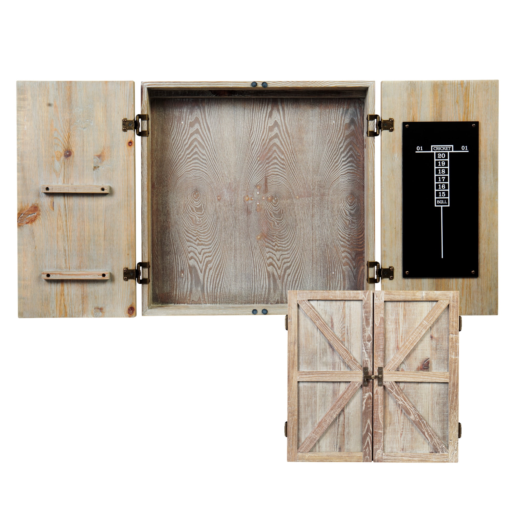 Rustic Wheat-Finished Barnwood Dartboard Cabinet with Brass Hardware