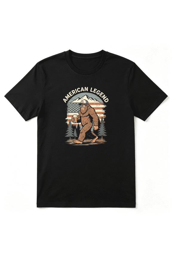 American Legend Bigfoot Beer Flag Mountain Retro Graphic Tee for Men, Outdoor Hiking Cotton Short Sleeves T-Shirt